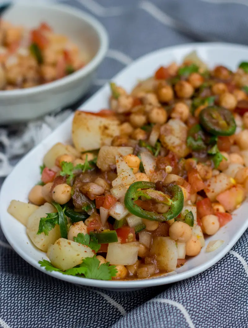 Aloo Cholay (Chickpea & Potato Chaat), ready to serve